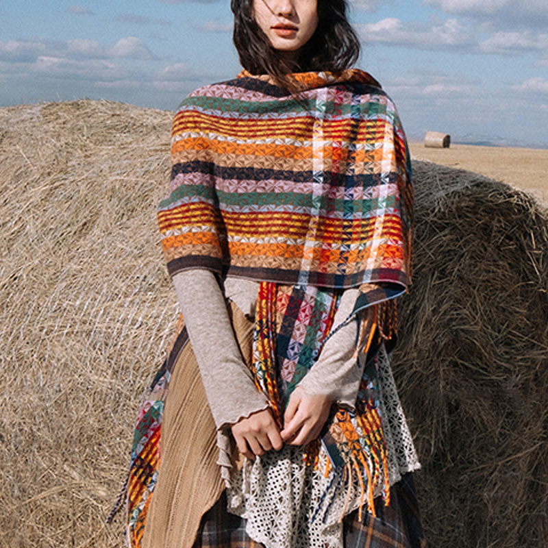 Tibetan Colorful Stripe Geometry Tassels Shawl Fall Winter Soft Scarf Wrap