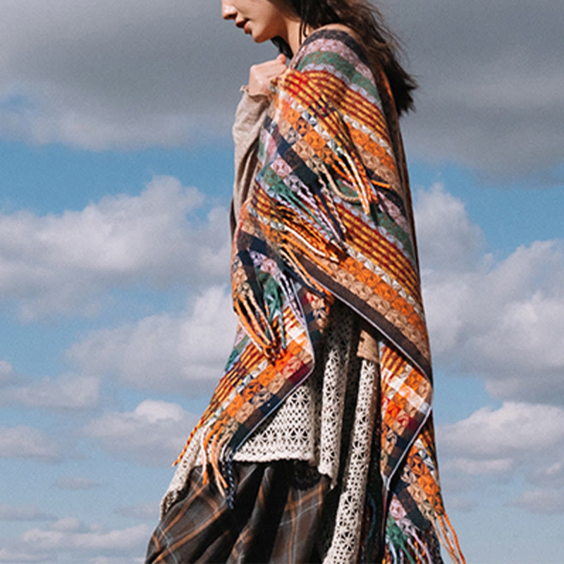 Tibetan Colorful Stripe Geometry Tassels Shawl Fall Winter Soft Scarf Wrap