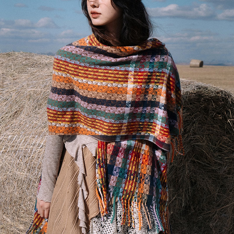 Tibetan Colorful Stripe Geometry Tassels Shawl Fall Winter Soft Scarf Wrap