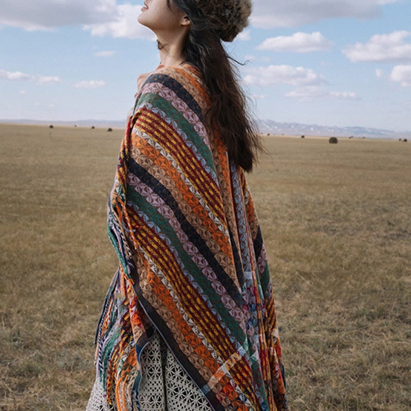 Tibetan Colorful Stripe Geometry Tassels Shawl Fall Winter Soft Scarf Wrap