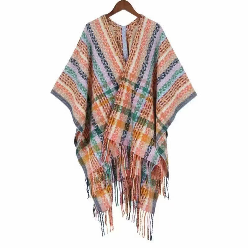 Tibetan Colorful Stripe Geometry Tassels Shawl Fall Winter Soft Scarf Wrap