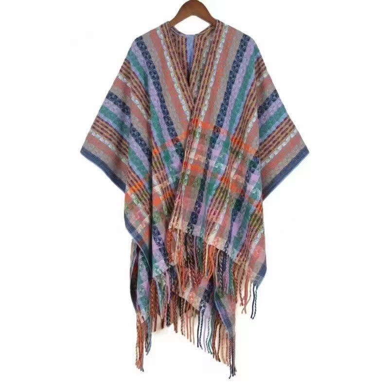 Tibetan Colorful Stripe Geometry Tassels Shawl Fall Winter Soft Scarf Wrap