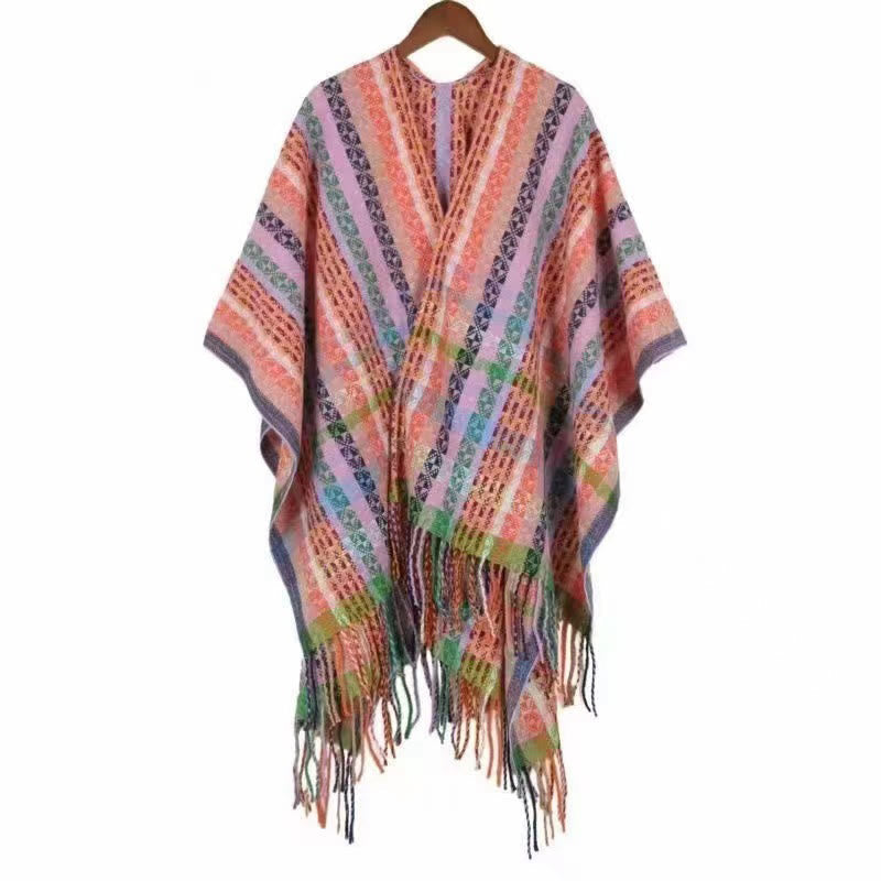 Tibetan Colorful Stripe Geometry Tassels Shawl Fall Winter Soft Scarf Wrap