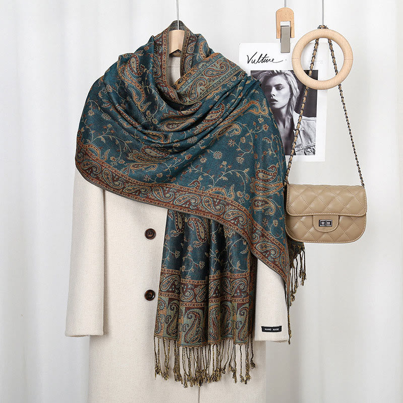 Tibetan Cashew Flower Vine Print Tassels Shawl Fall Winter Soft Scarf Wrap