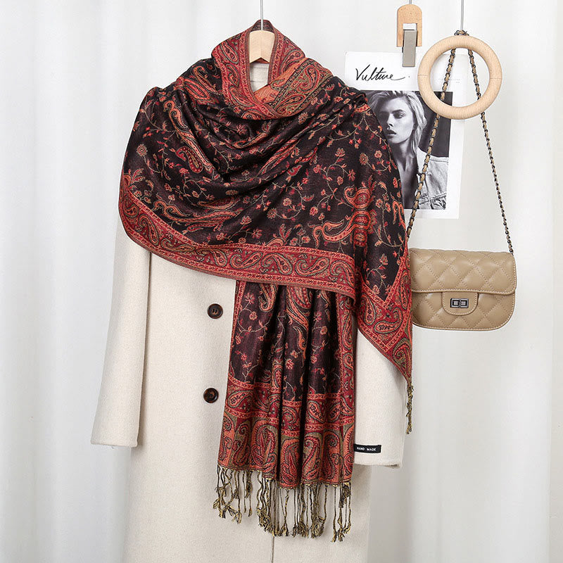 Tibetan Cashew Flower Vine Print Tassels Shawl Fall Winter Soft Scarf Wrap