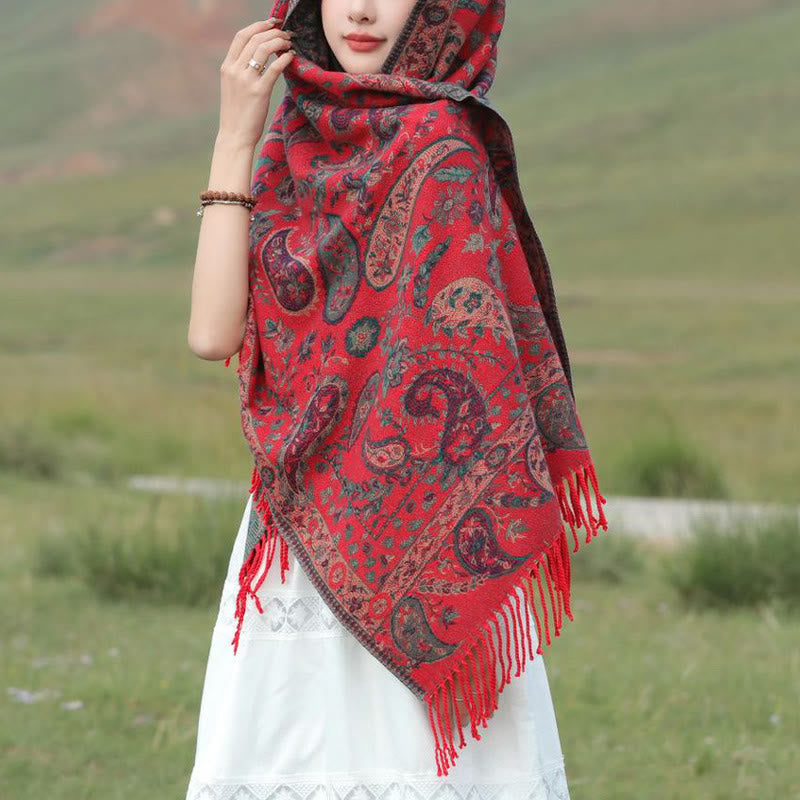 Tactile Knit Botanical Motif Grounding Tibetan Shawl Wrap