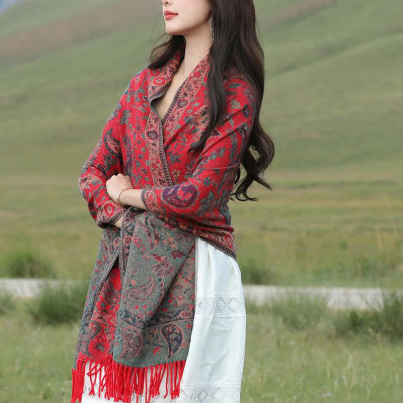 Tactile Knit Botanical Motif Grounding Tibetan Shawl Wrap