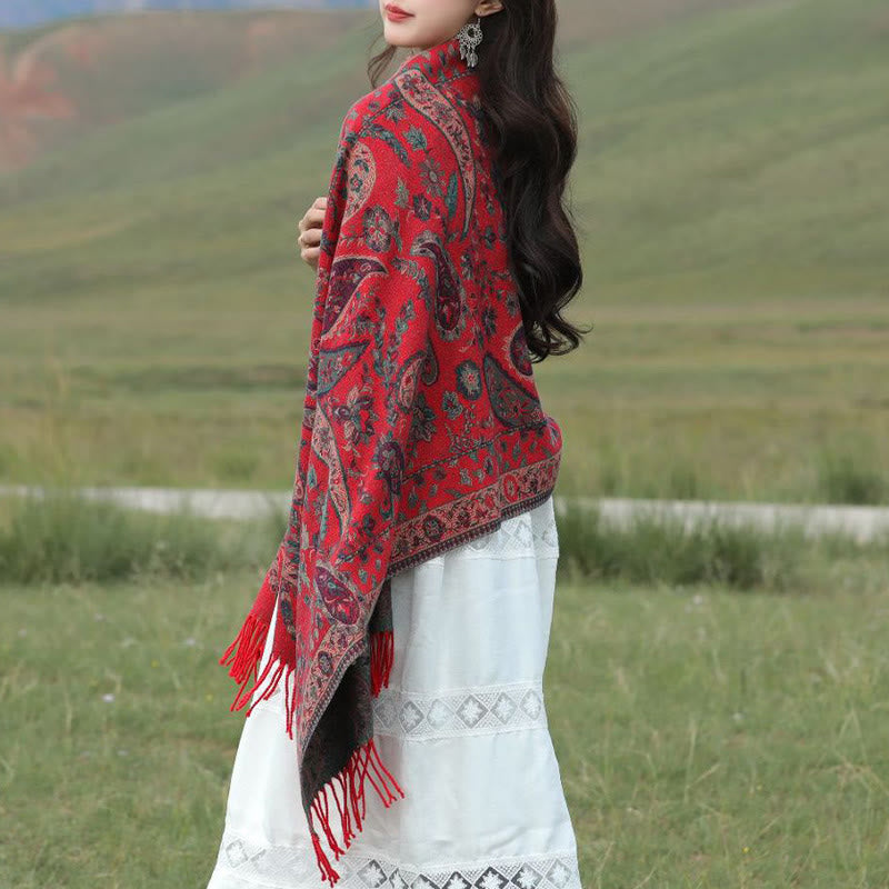 Tactile Knit Botanical Motif Grounding Tibetan Shawl Wrap