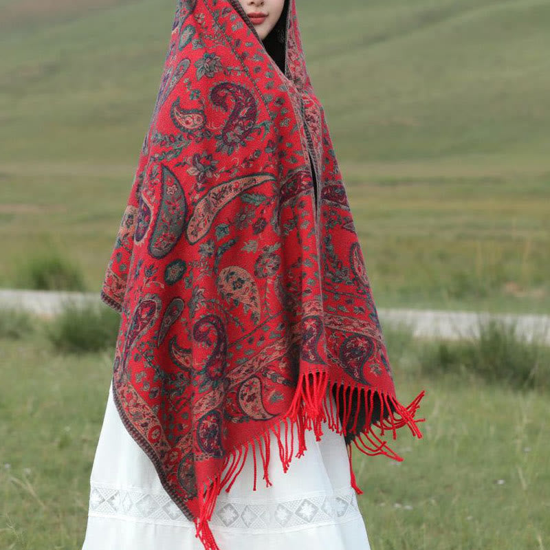 Tactile Knit Botanical Motif Grounding Tibetan Shawl Wrap