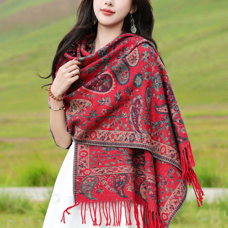 Tactile Knit Botanical Motif Grounding Tibetan Shawl Wrap