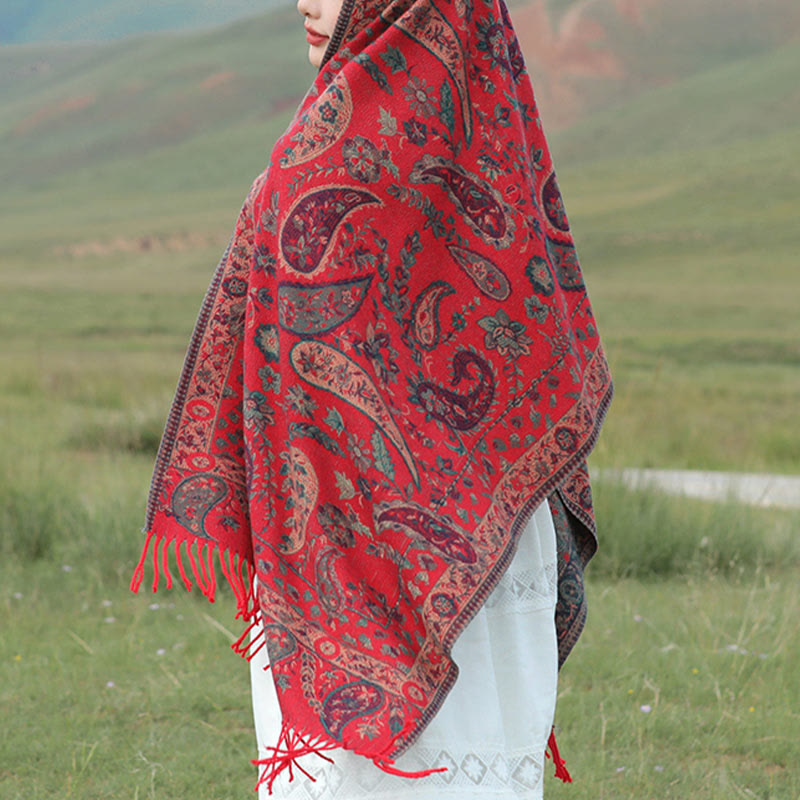 Tactile Knit Botanical Motif Grounding Tibetan Shawl Wrap