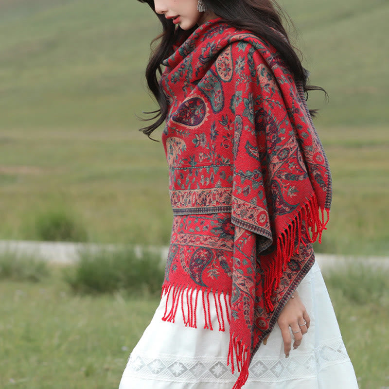 Tactile Knit Botanical Motif Grounding Tibetan Shawl Wrap