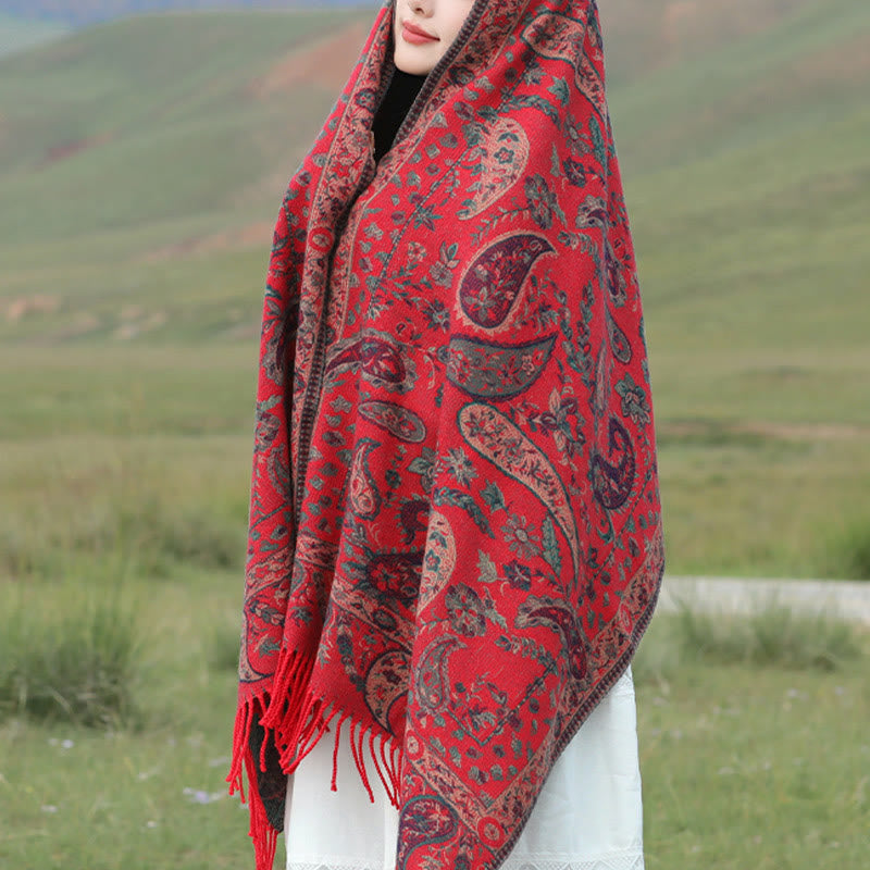 Tactile Knit Botanical Motif Grounding Tibetan Shawl Wrap