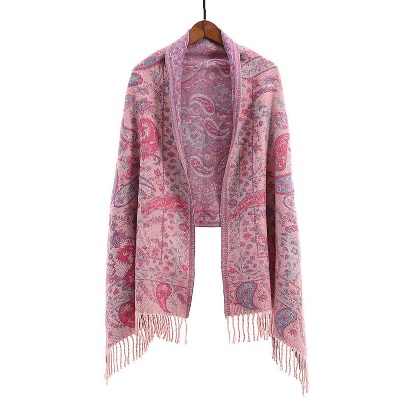 Tactile Knit Botanical Motif Grounding Tibetan Shawl Wrap