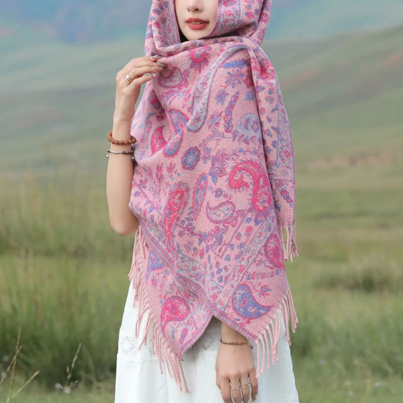 Tactile Knit Botanical Motif Grounding Tibetan Shawl Wrap