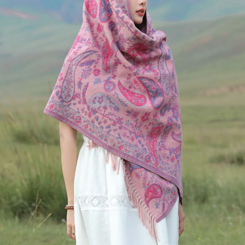 Tactile Knit Botanical Motif Grounding Tibetan Shawl Wrap