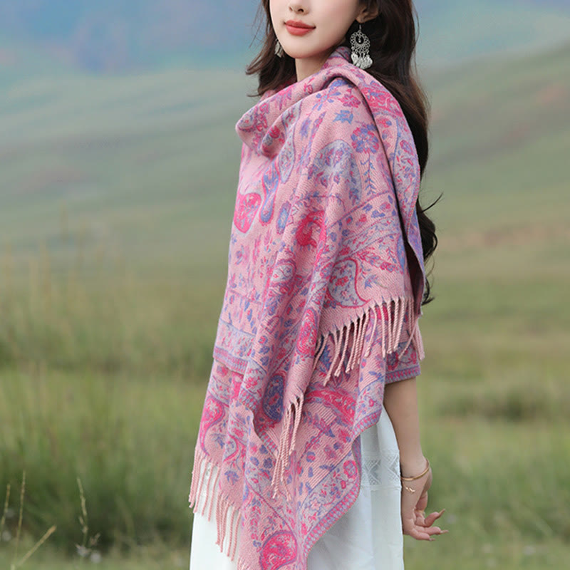 Tactile Knit Botanical Motif Grounding Tibetan Shawl Wrap