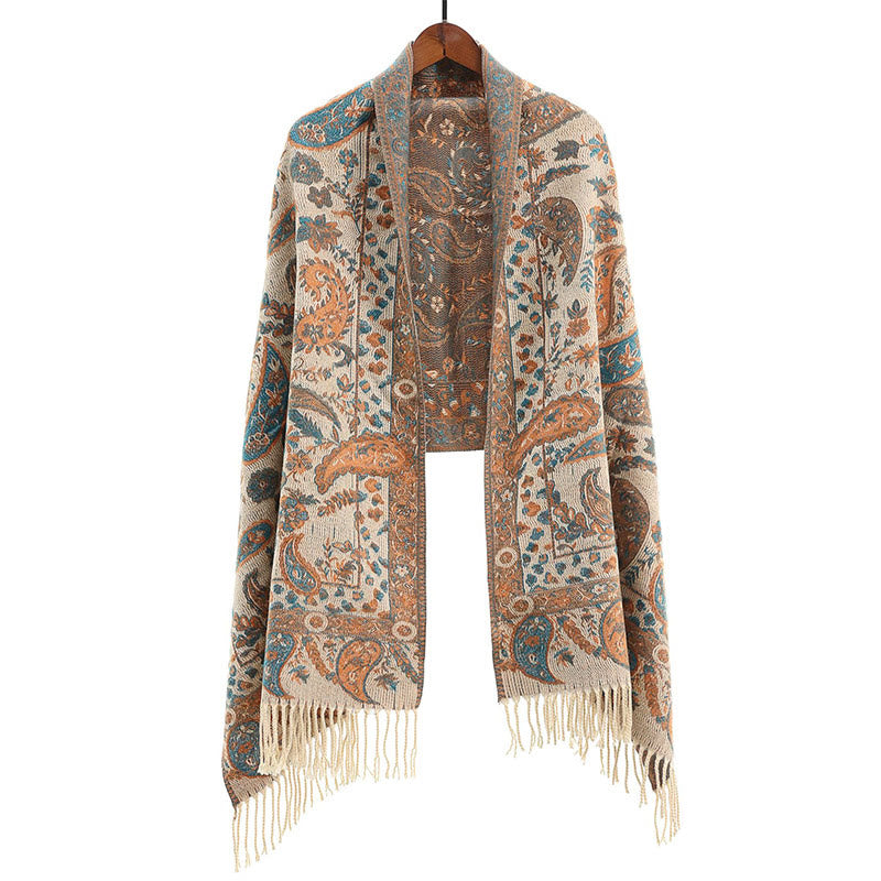 Tactile Knit Botanical Motif Grounding Tibetan Shawl Wrap