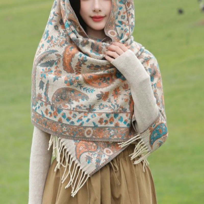 Tactile Knit Botanical Motif Grounding Tibetan Shawl Wrap