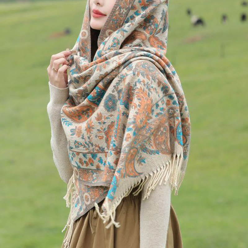 Tactile Knit Botanical Motif Grounding Tibetan Shawl Wrap