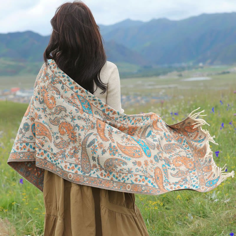 Tactile Knit Botanical Motif Grounding Tibetan Shawl Wrap