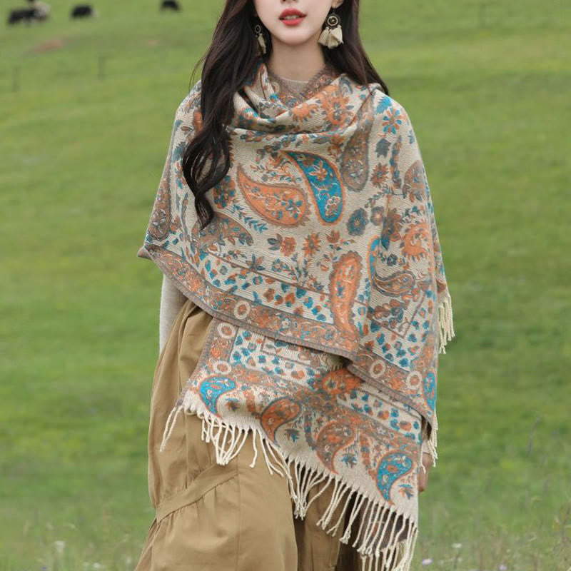 Tactile Knit Botanical Motif Grounding Tibetan Shawl Wrap