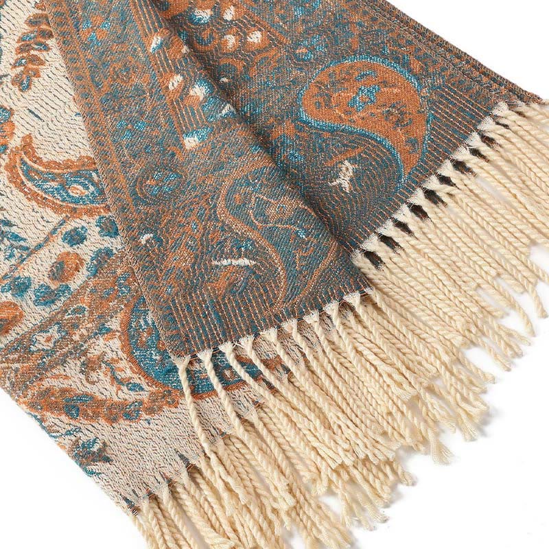 Tactile Knit Botanical Motif Grounding Tibetan Shawl Wrap