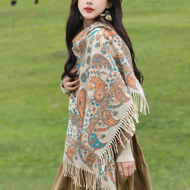 Tactile Knit Botanical Motif Grounding Tibetan Shawl Wrap