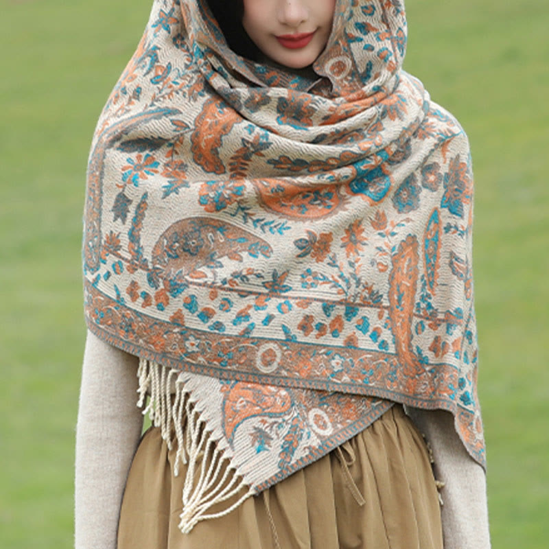 Tactile Knit Botanical Motif Grounding Tibetan Shawl Wrap
