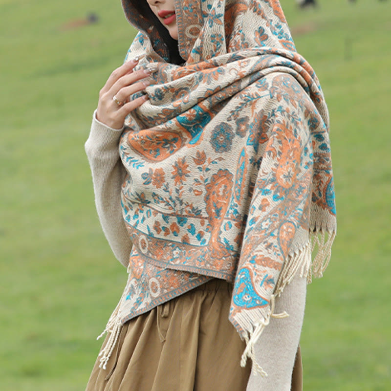 Tactile Knit Botanical Motif Grounding Tibetan Shawl Wrap