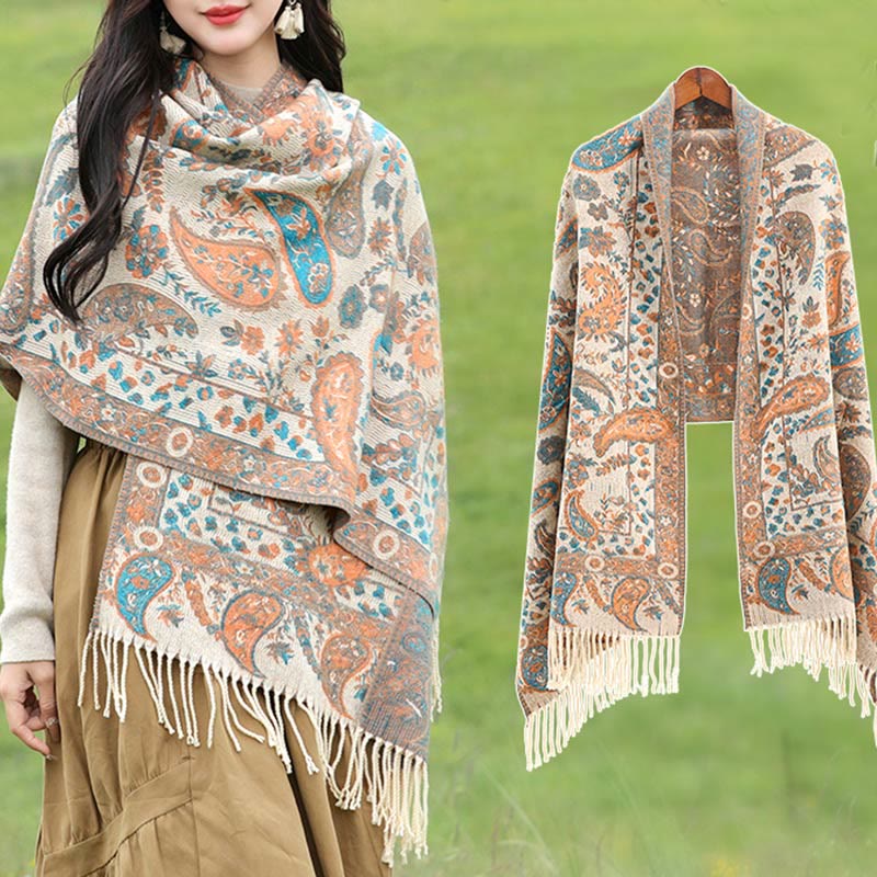 Tactile Knit Botanical Motif Grounding Tibetan Shawl Wrap
