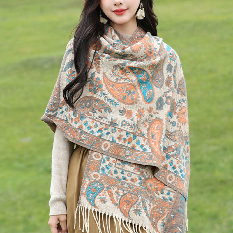 Tactile Knit Botanical Motif Grounding Tibetan Shawl Wrap