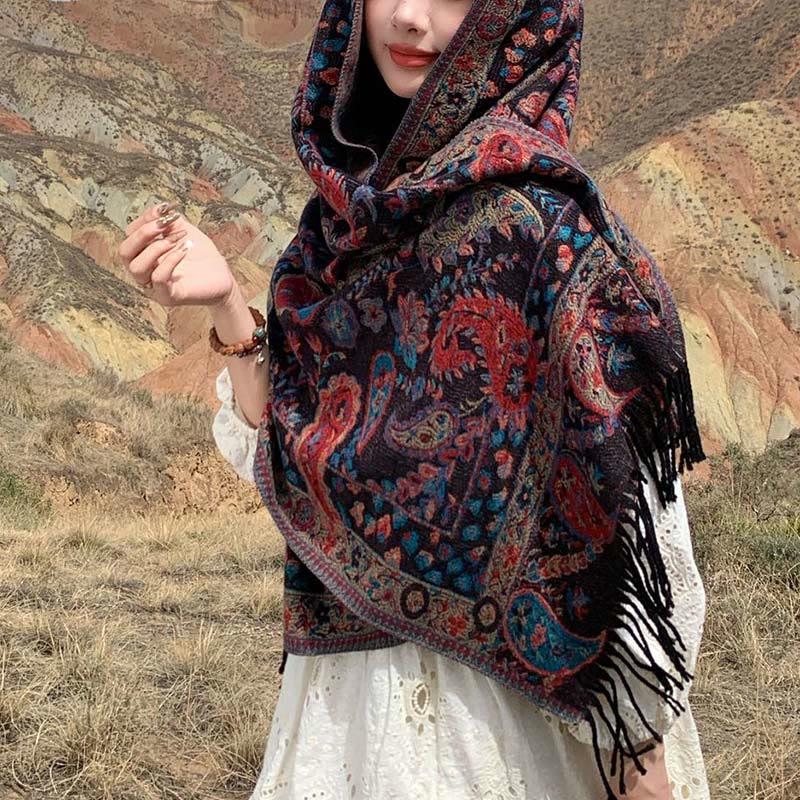 Tactile Knit Botanical Motif Grounding Tibetan Shawl Wrap