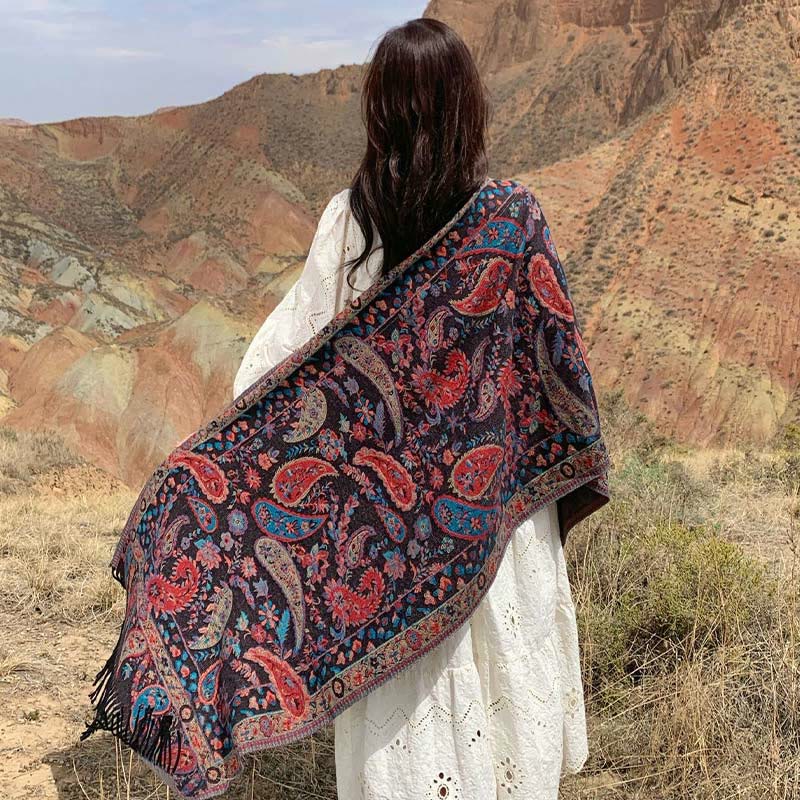 Tactile Knit Botanical Motif Grounding Tibetan Shawl Wrap