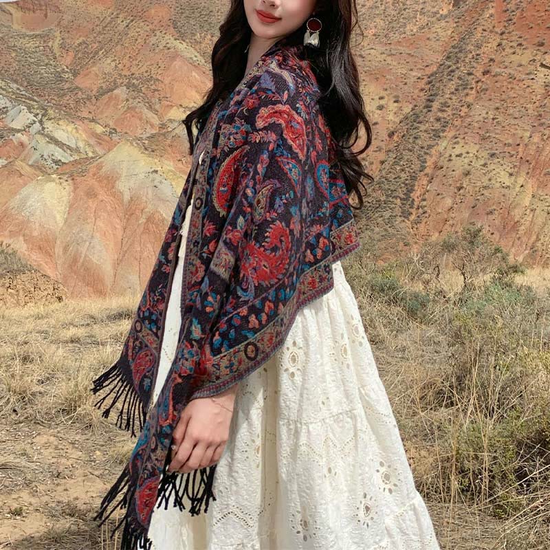Tactile Knit Botanical Motif Grounding Tibetan Shawl Wrap