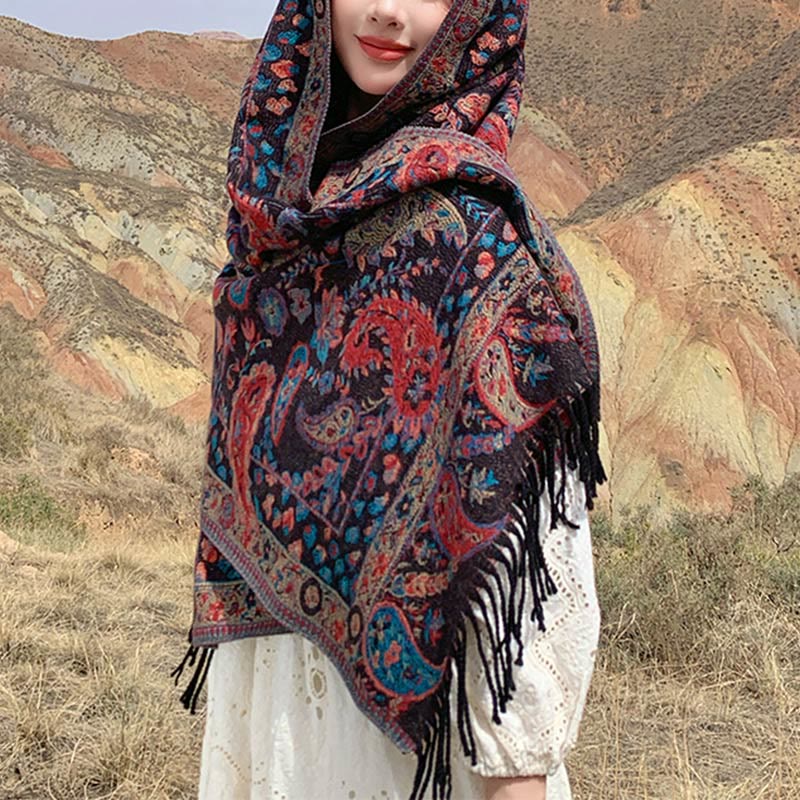 Tactile Knit Botanical Motif Grounding Tibetan Shawl Wrap