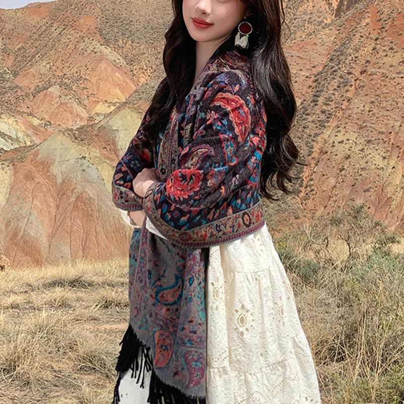 Tactile Knit Botanical Motif Grounding Tibetan Shawl Wrap