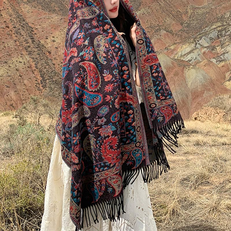 Tactile Knit Botanical Motif Grounding Tibetan Shawl Wrap