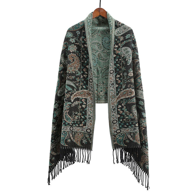 Tactile Knit Botanical Motif Grounding Tibetan Shawl Wrap