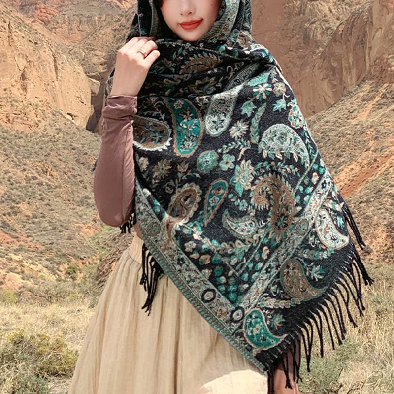 Tactile Knit Botanical Motif Grounding Tibetan Shawl Wrap