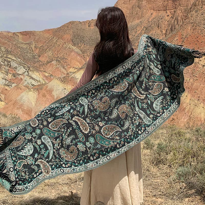 Tactile Knit Botanical Motif Grounding Tibetan Shawl Wrap