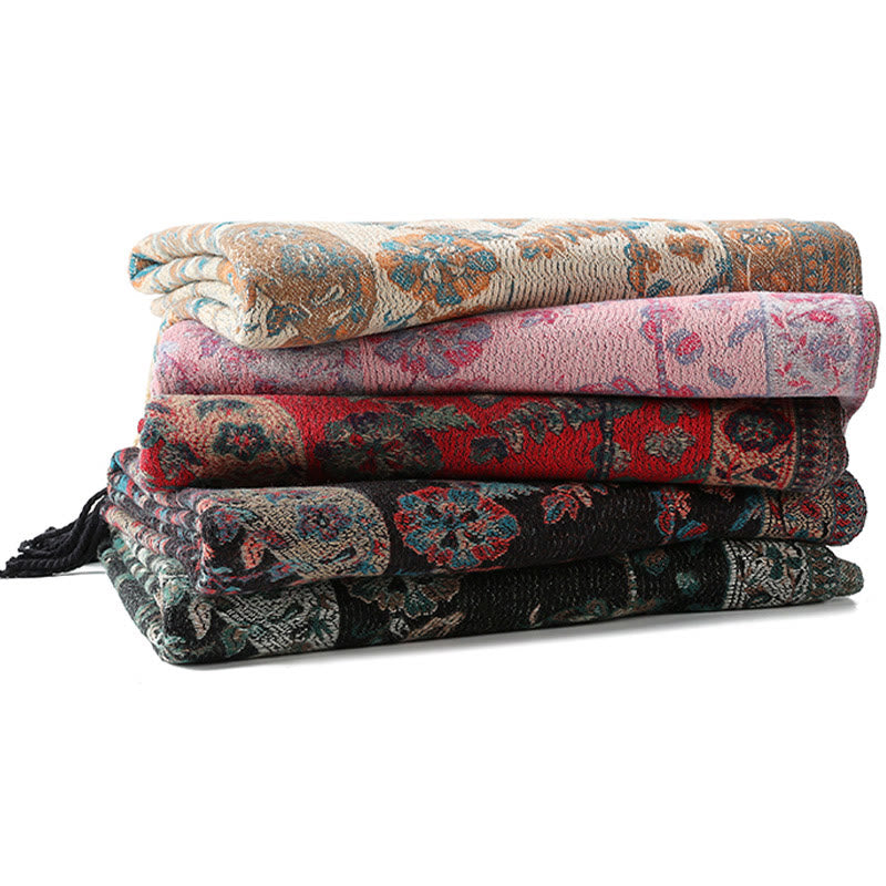 Tactile Knit Botanical Motif Grounding Tibetan Shawl Wrap
