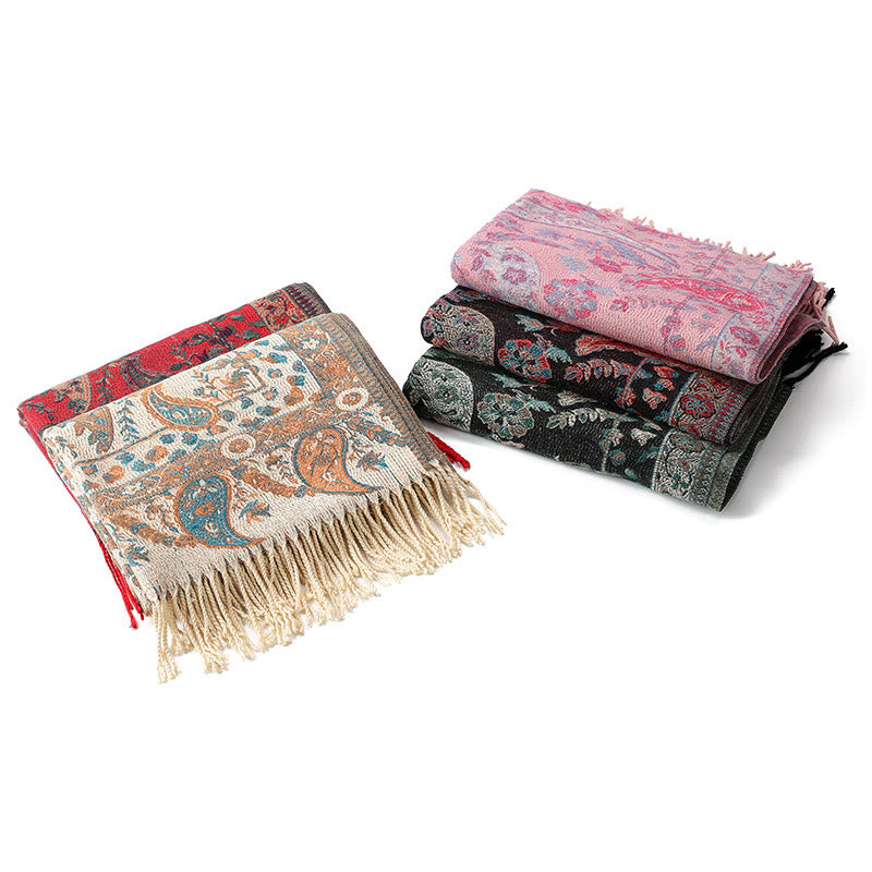 Tactile Knit Botanical Motif Grounding Tibetan Shawl Wrap