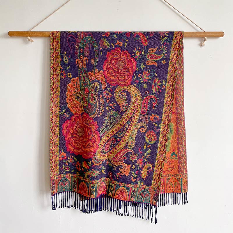Tibetan Cashew Peony Flowers Vine Tassels Shawl Fall Winter Cozy Scarf Wrap