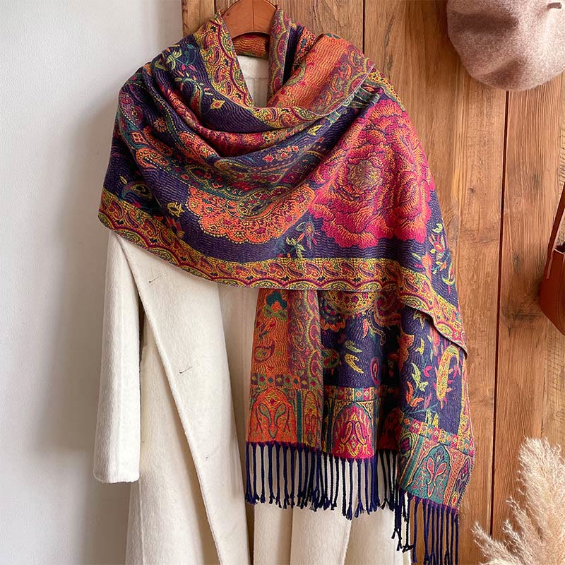 Tibetan Cashew Peony Flowers Vine Tassels Shawl Fall Winter Cozy Scarf Wrap