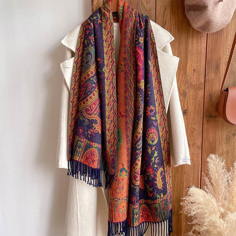 Tibetan Cashew Peony Flowers Vine Tassels Shawl Fall Winter Cozy Scarf Wrap