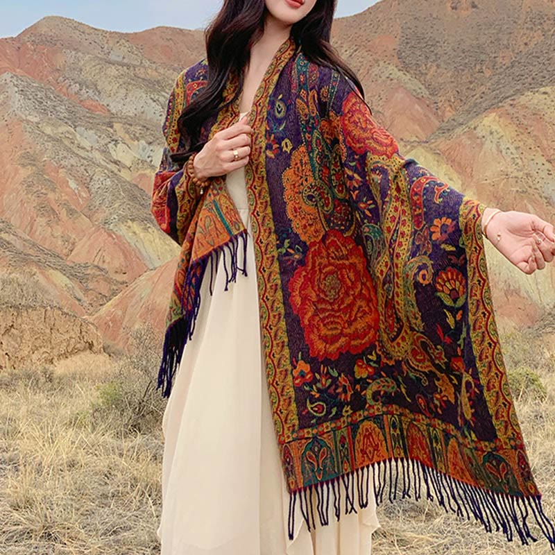 Tibetan Cashew Peony Flowers Vine Tassels Shawl Fall Winter Cozy Scarf Wrap