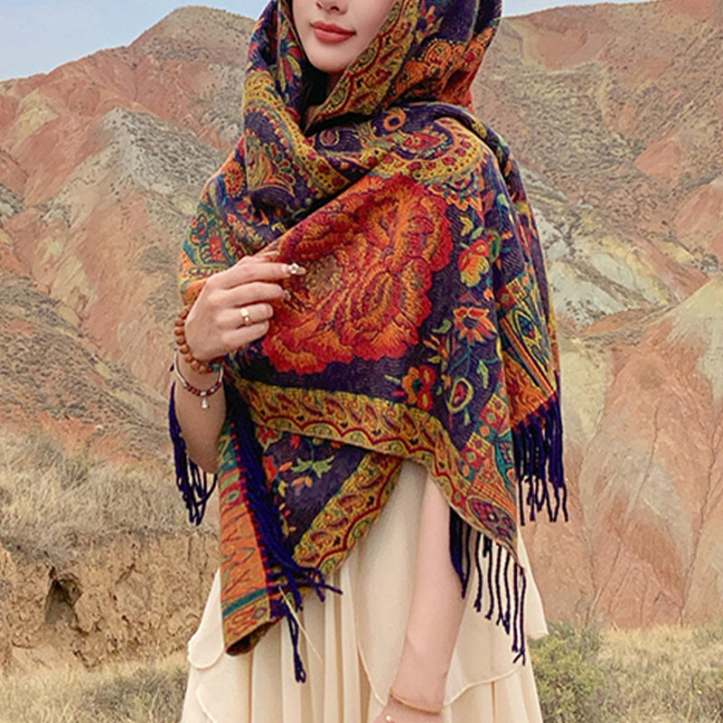 Tibetan Cashew Peony Flowers Vine Tassels Shawl Fall Winter Cozy Scarf Wrap