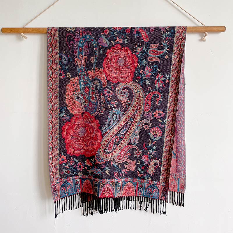 Tibetan Cashew Peony Flowers Vine Tassels Shawl Fall Winter Cozy Scarf Wrap