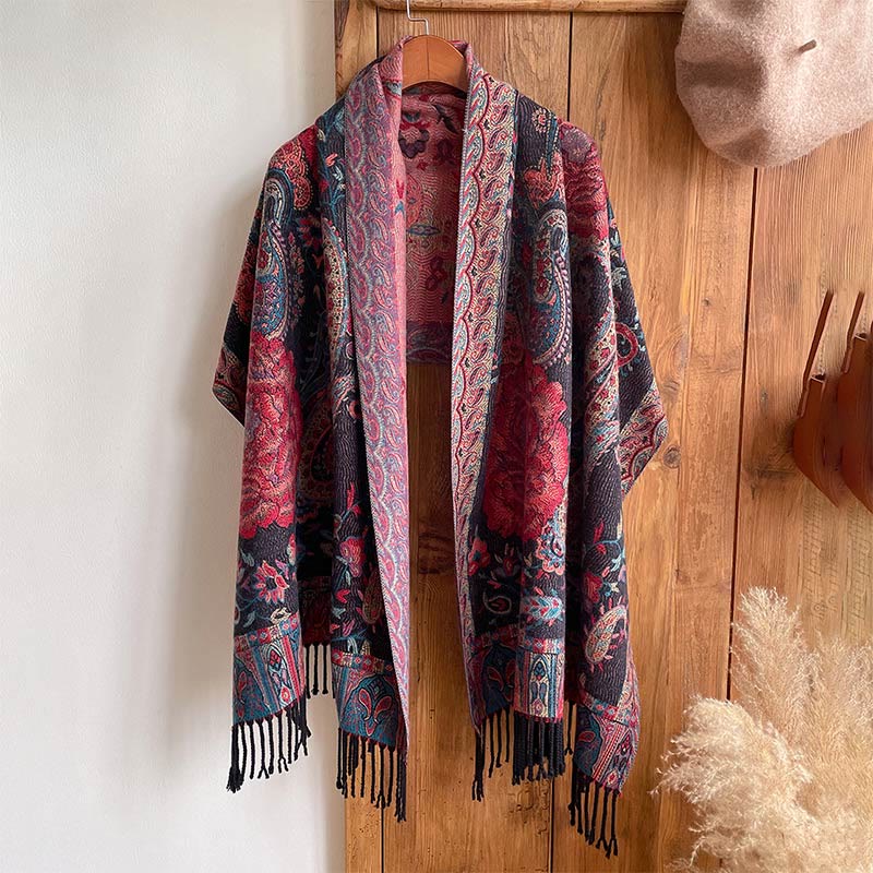 Tibetan Cashew Peony Flowers Vine Tassels Shawl Fall Winter Cozy Scarf Wrap